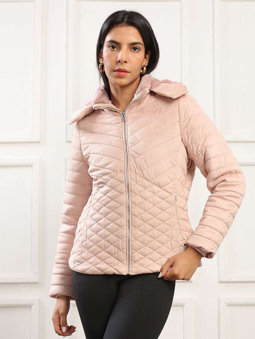 women solid long sleeve quilted jacket