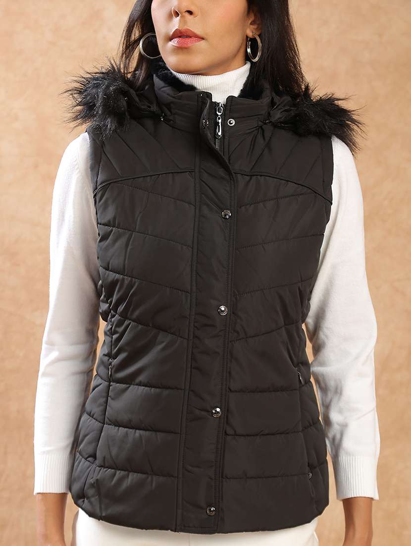 globus women black mock neck winter wear insulator puffer vest jacket with detachable faux fur hood - 22141471 -  Standard Image - 3