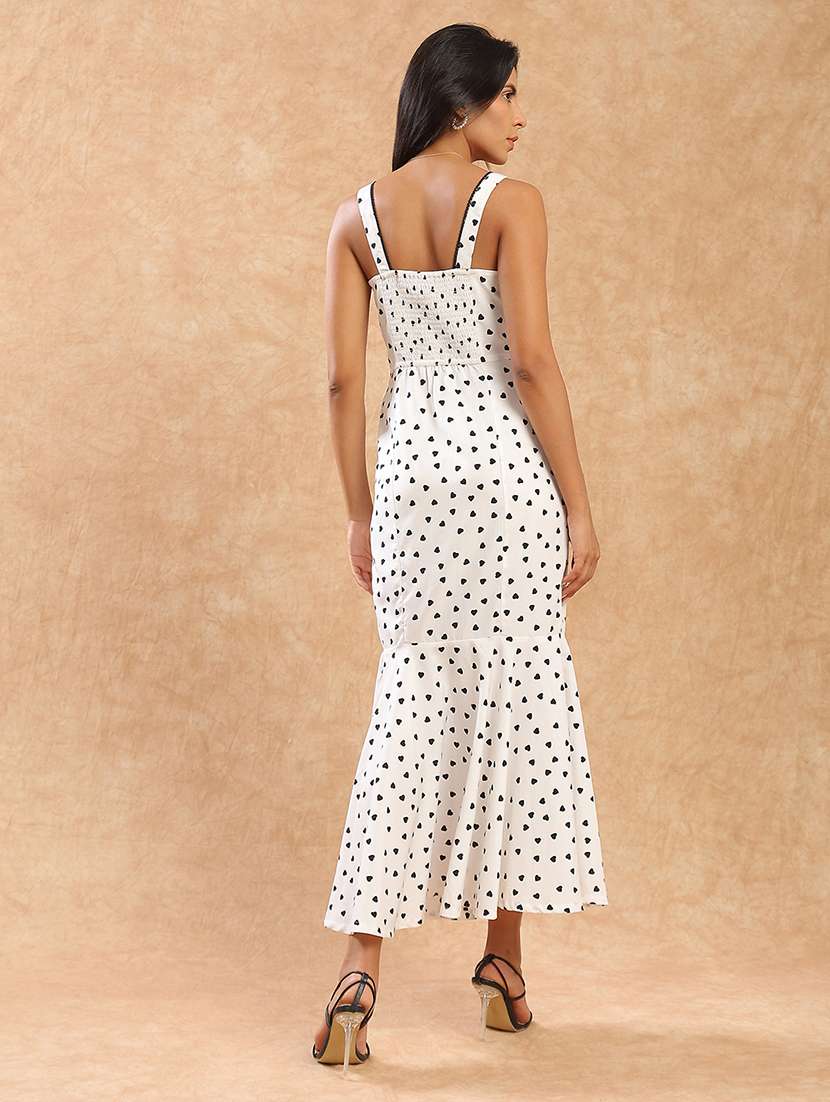 globus women white heart print shoulder strap round neck with lace detail flared hem midi bodycon party dress - 22141472 -  Standard Image - 3