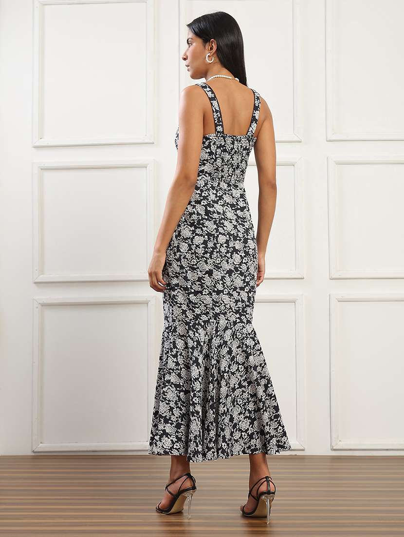 globus women black floral print shoulder strap round neck with lace detail flared hem midi bodycon party dress - 22141473 -  Standard Image - 3