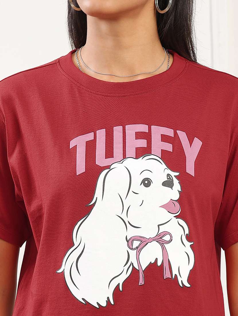 Globus Women Red Round Neck Short Sleeves Graphic Print Boxy Fit Crop T-shirt - 22141475 -  Standard Image - 3