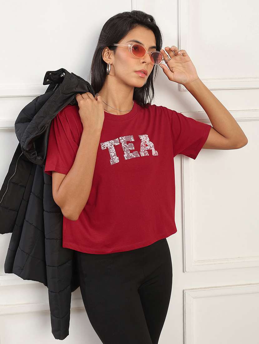 globus women red round neck short sleeves graphic print boxy fit t-shirt