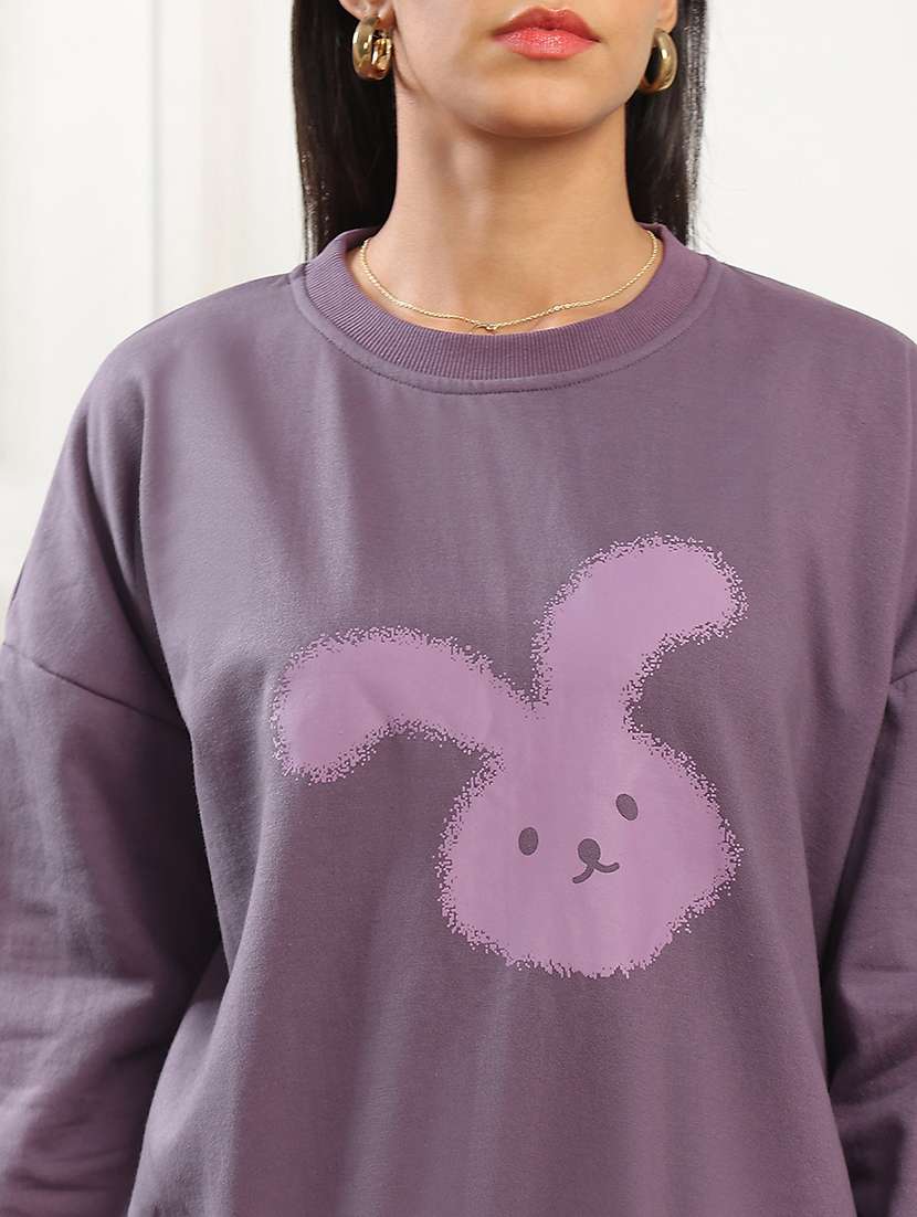 globus women mauve graphic print drop shoulder sleeves round neck ribbed hem pullover sweatshirt (fleece 260-280 gsm) - 22141482 -  Standard Image - 3