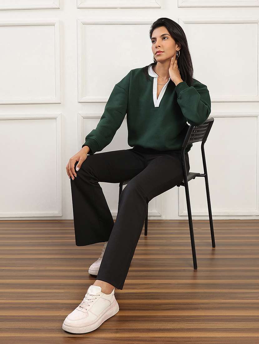 globus women green contrast color shirt collar drop shoulder sleeves ribbed hem pullover sweatshirt (fleece 260-280 gsm) - 22141484 -  Standard Image - 5