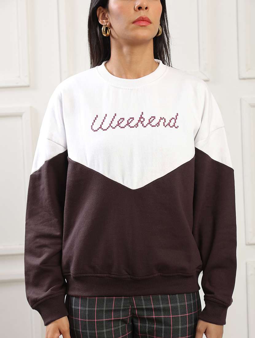 globus women brown colorblock & typography print round neck drop shoulder sleeves ribbed hem oversized pullover sweatshirt  - 22141488 -  Standard Image - 3