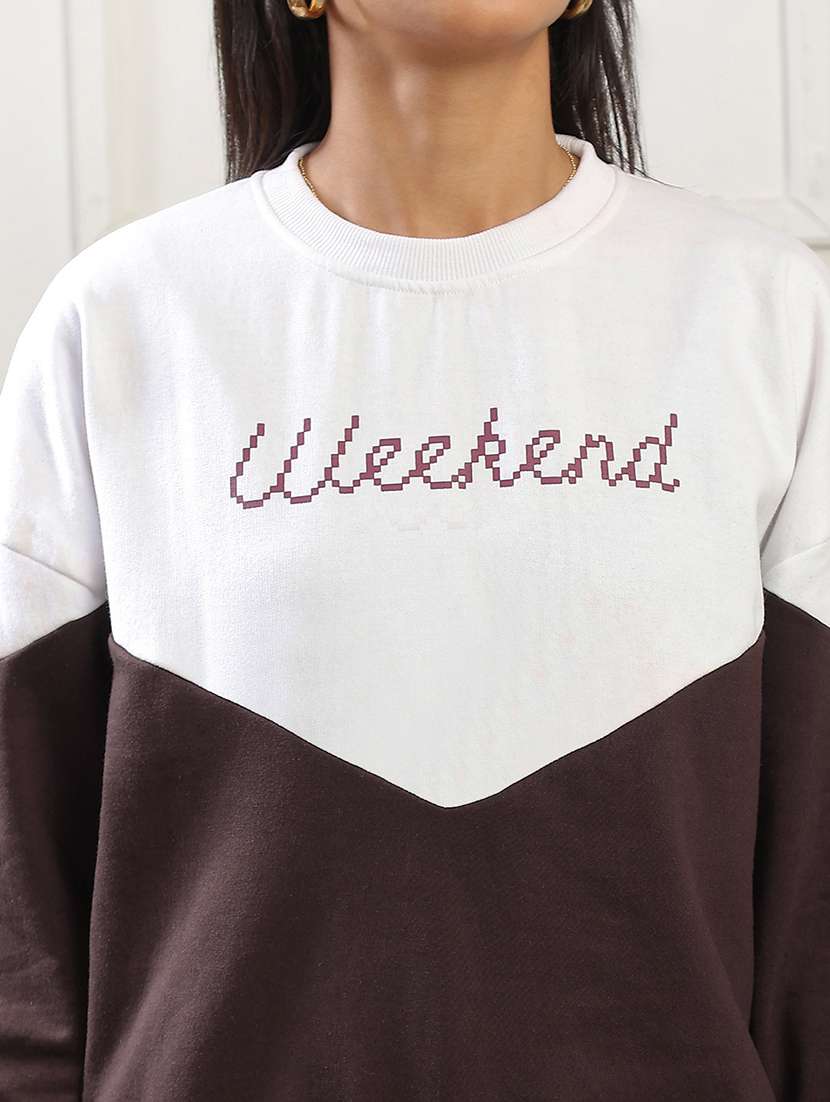 globus women brown colorblock & typography print round neck drop shoulder sleeves ribbed hem oversized pullover sweatshirt  - 22141488 -  Standard Image - 5