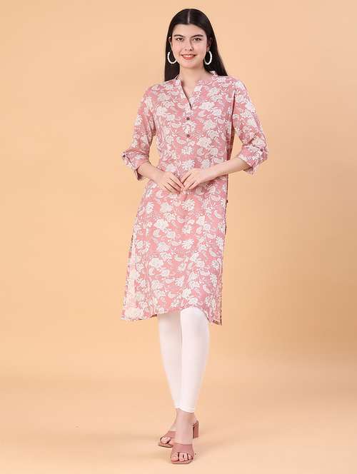 women floral printed three quarter sleeve straight kurta - 22141493 -  Standard Image - 0