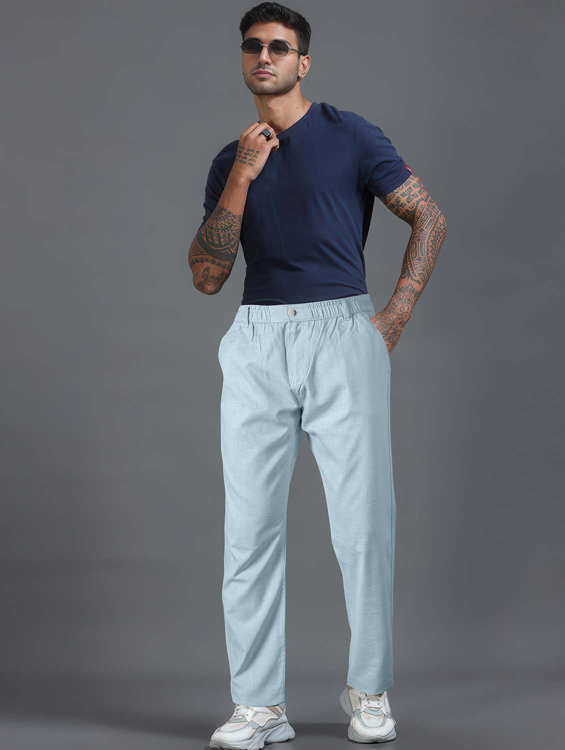 men solid mid rise flat front casual trouser - 22141585 -  Standard Image - 3