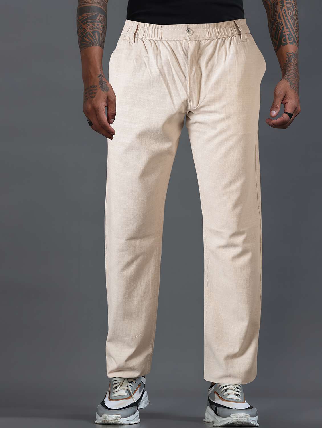 men solid mid rise flat front casual trouser