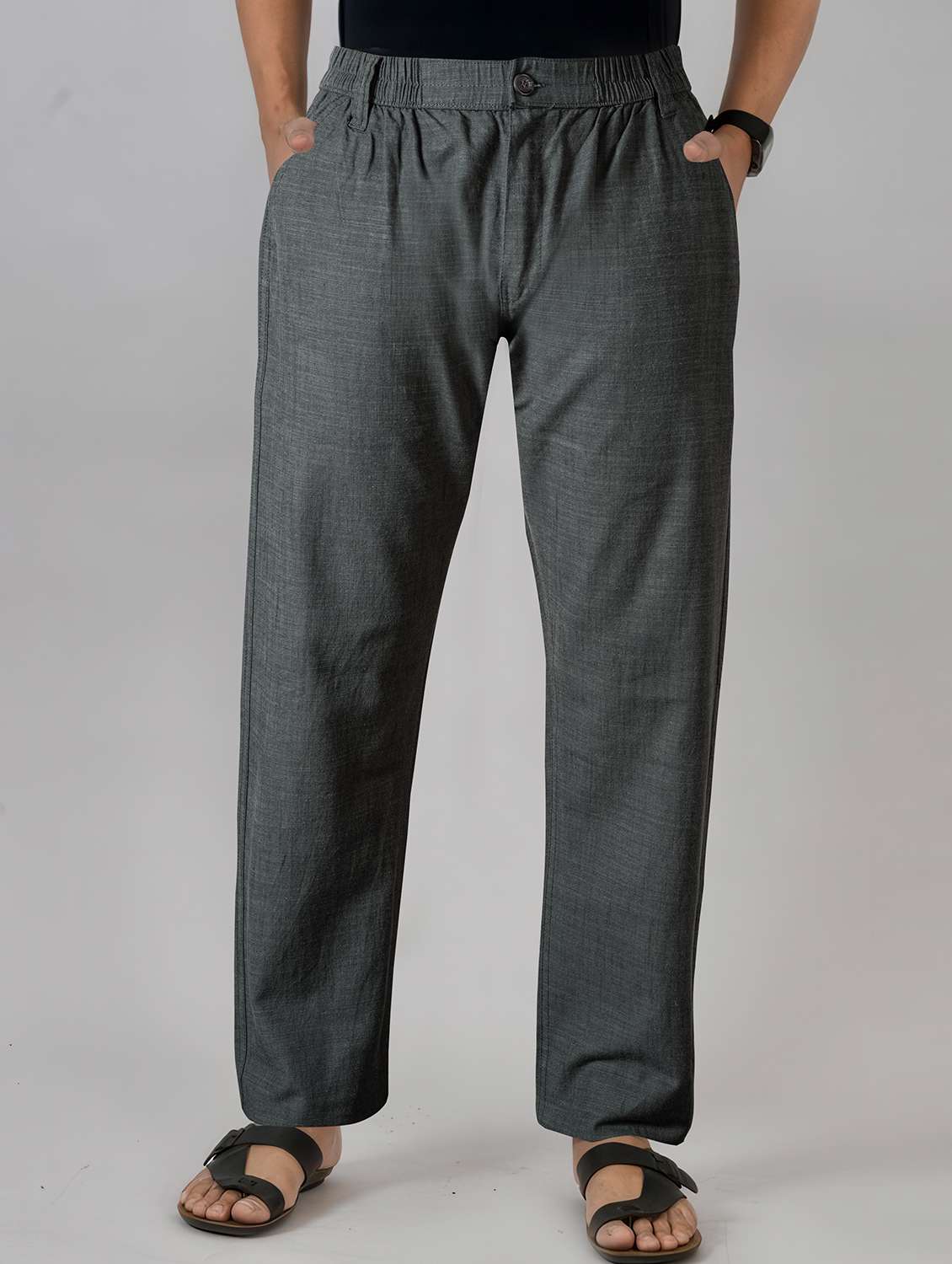 men solid mid rise flat front casual trouser