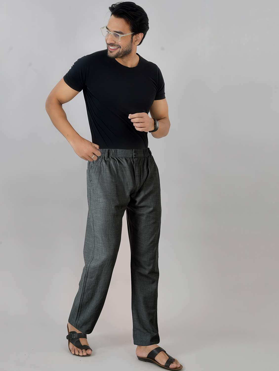 men solid mid rise flat front casual trouser - 22141589 -  Standard Image - 3