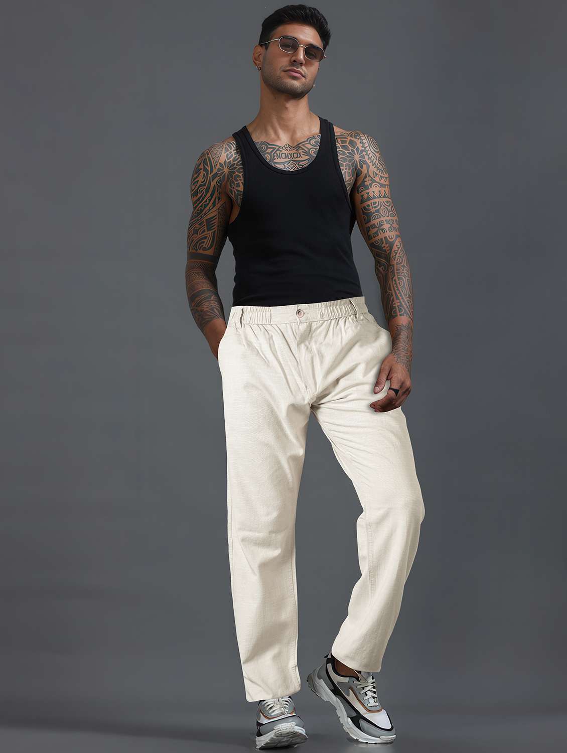 men solid mid rise flat front casual trouser - 22141591 -  Standard Image - 3