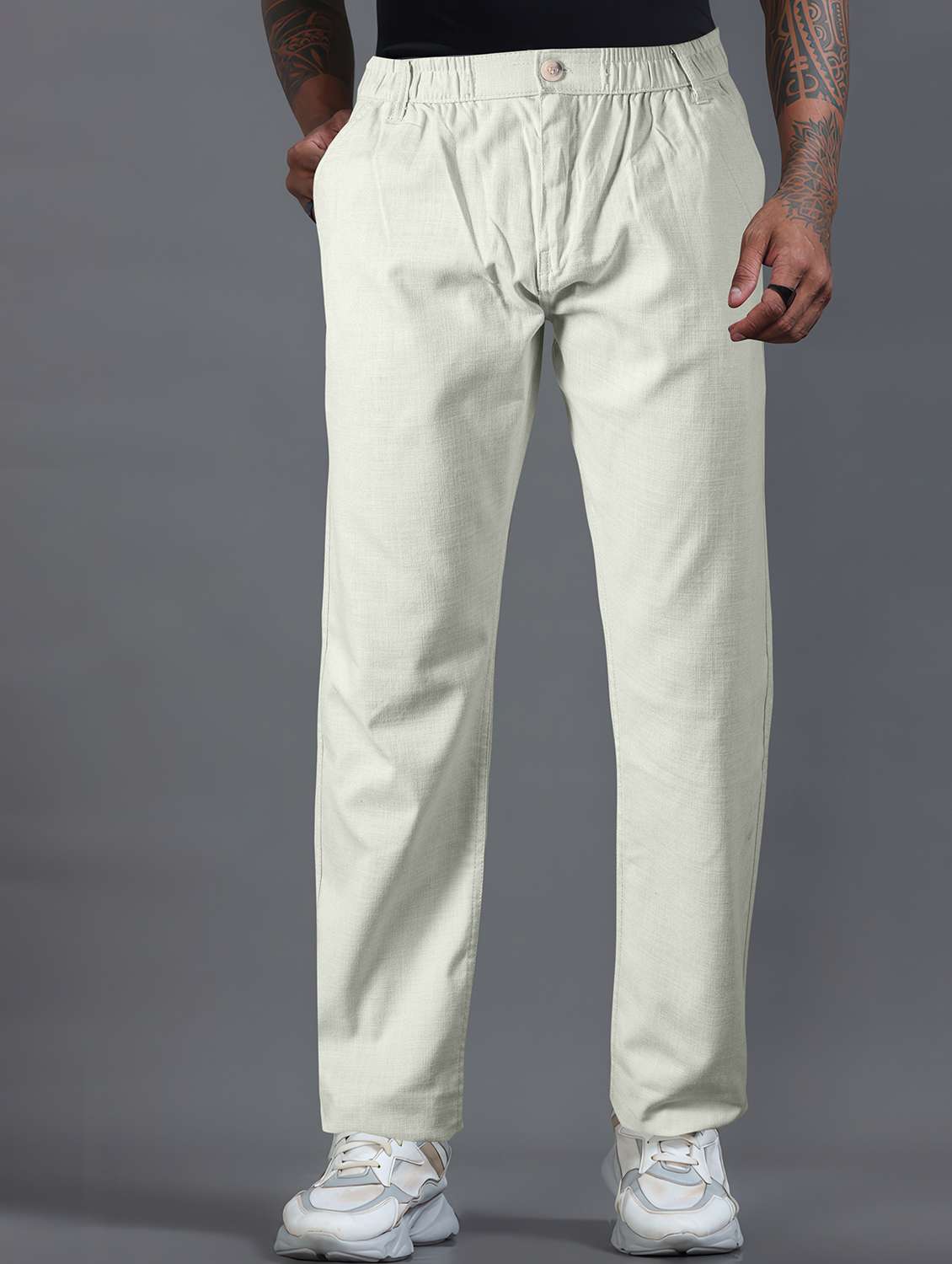 men solid mid rise flat front casual trouser
