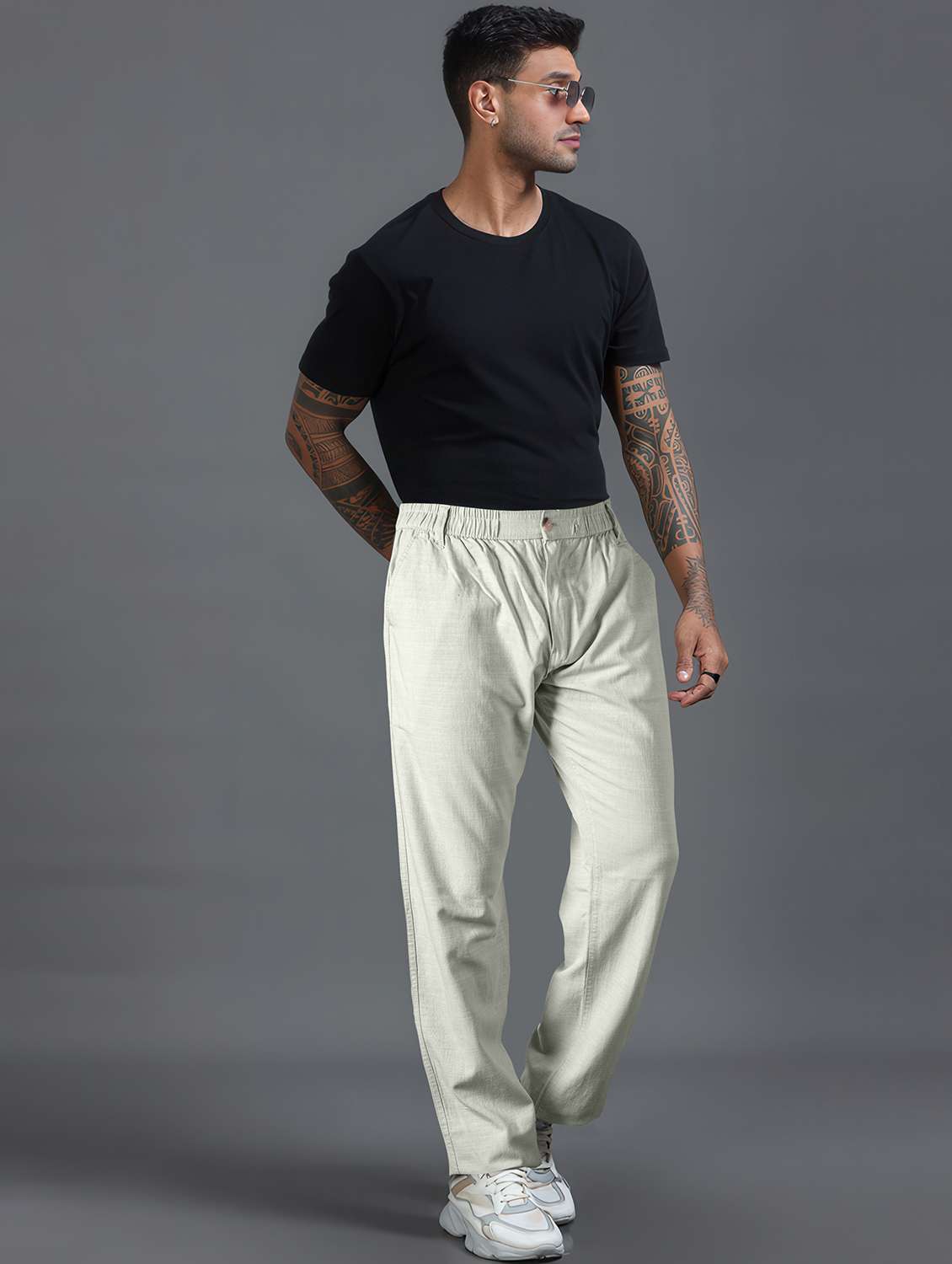 men solid mid rise flat front casual trouser - 22141592 -  Standard Image - 3