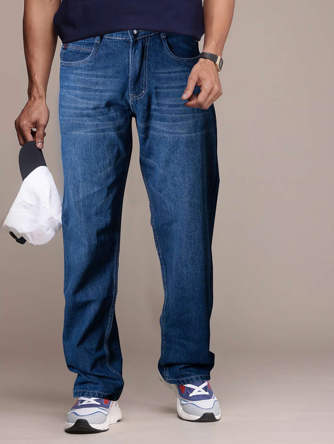 men washed mid rise full length jean