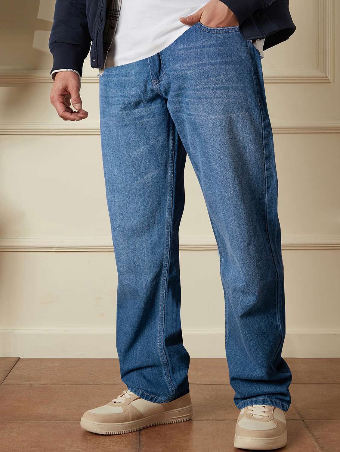 men washed mid rise full length jean