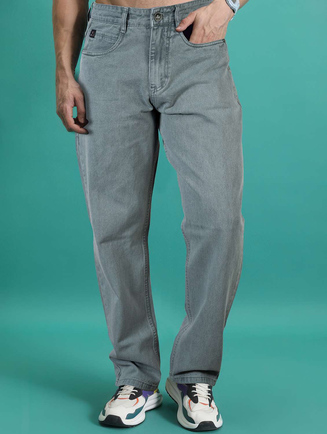men washed mid rise full length jean