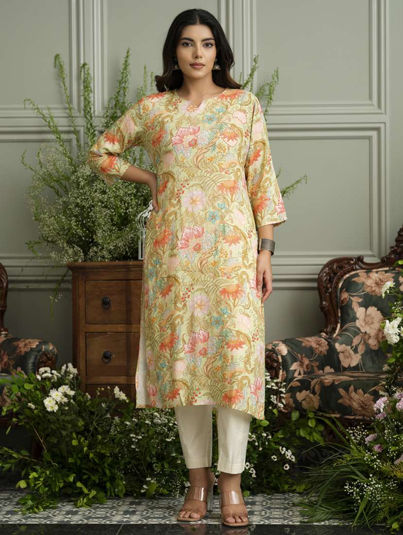 women floral three quarter sleeve straight kurta