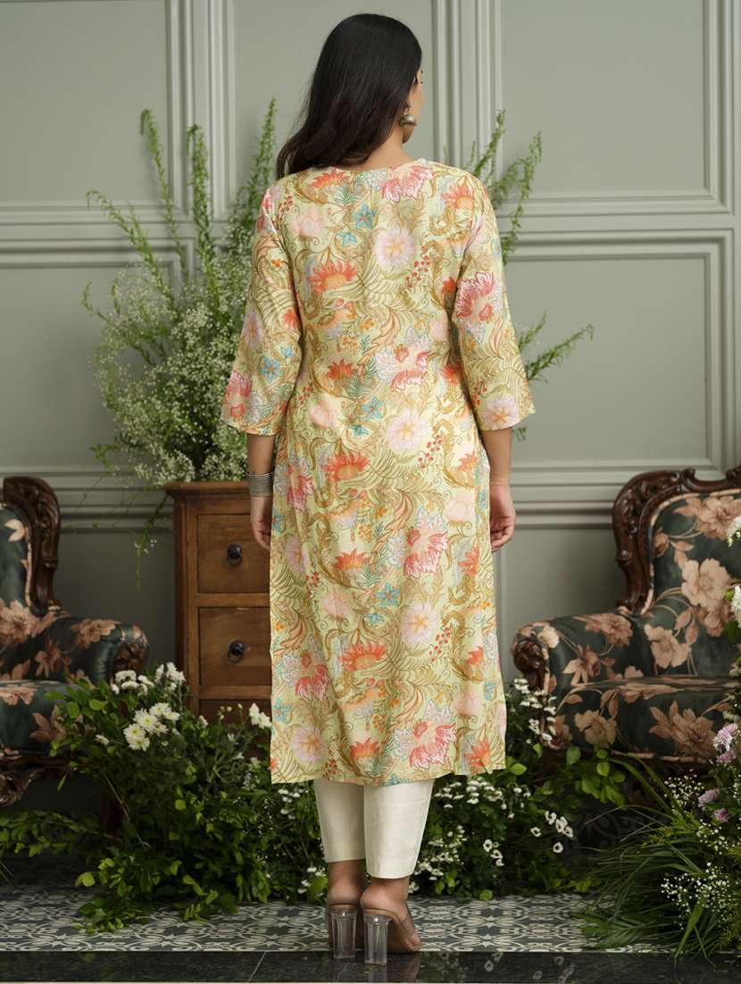 women floral three quarter sleeve straight kurta - 22141607 -  Standard Image - 3