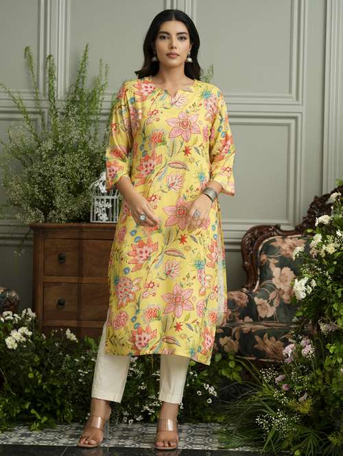 women floral three quarter sleeve straight kurta - 22141608 - Standard Image - 0