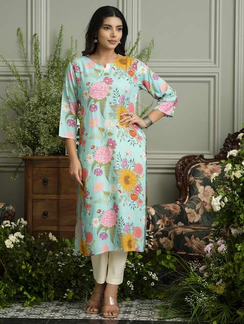 women floral three quarter sleeve straight kurta - 22141609 -  Standard Image - 0