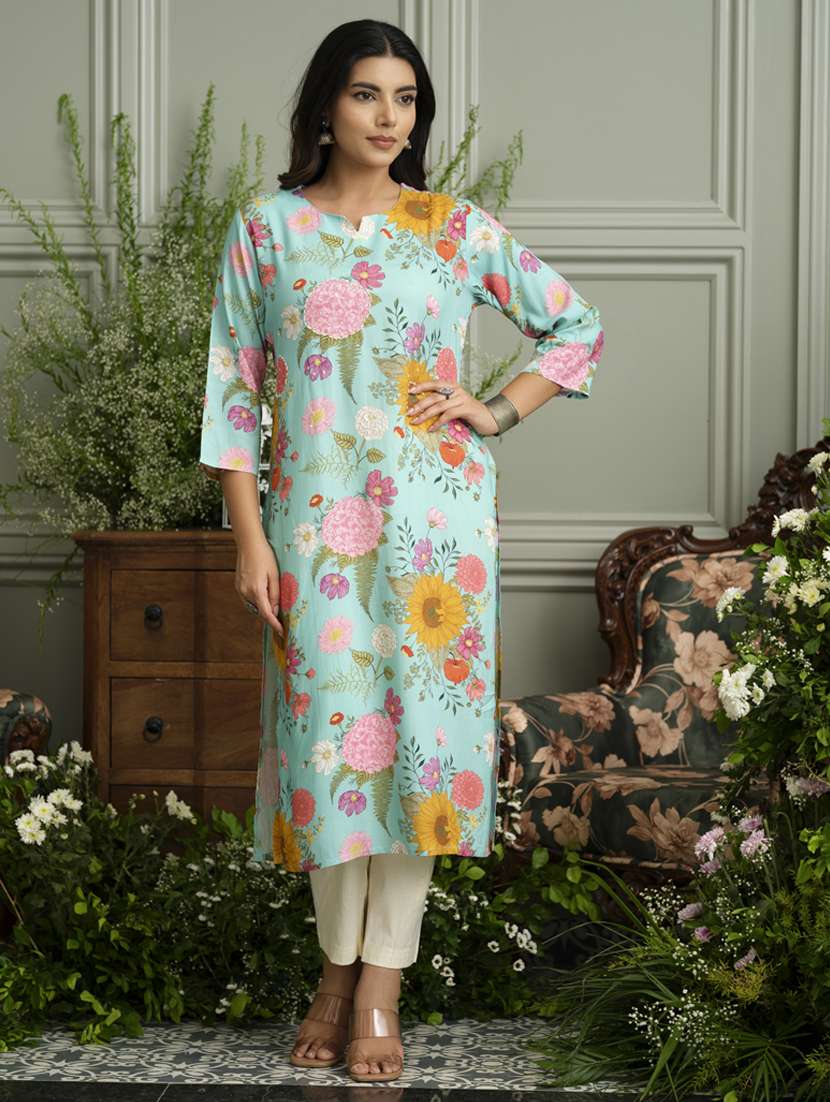 women floral three quarter sleeve straight kurta