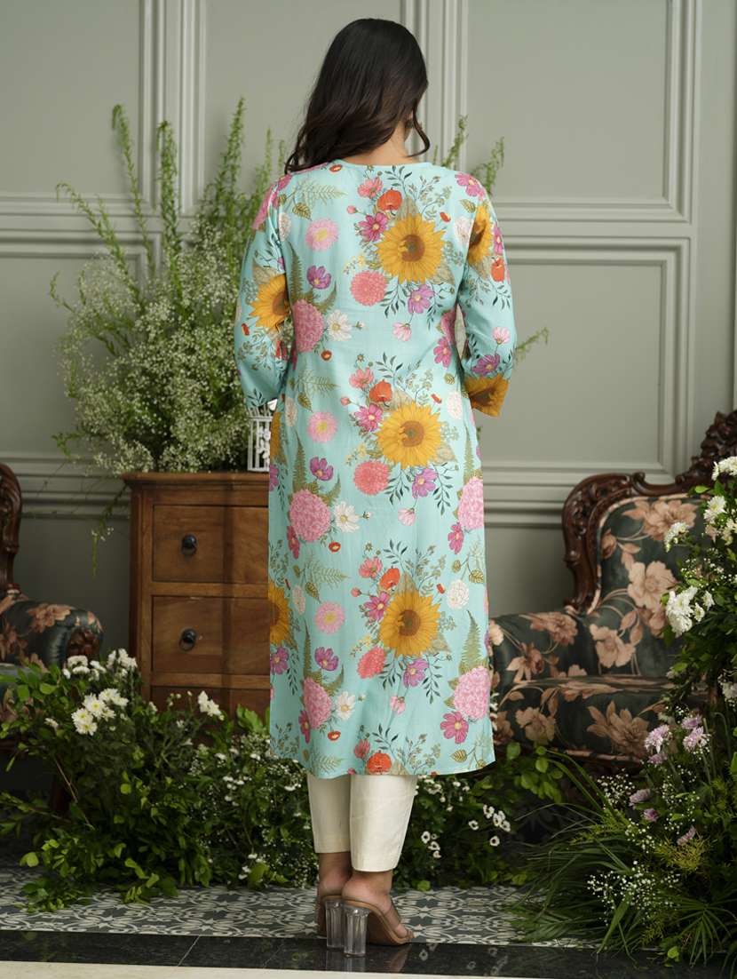 women floral three quarter sleeve straight kurta - 22141609 -  Standard Image - 3