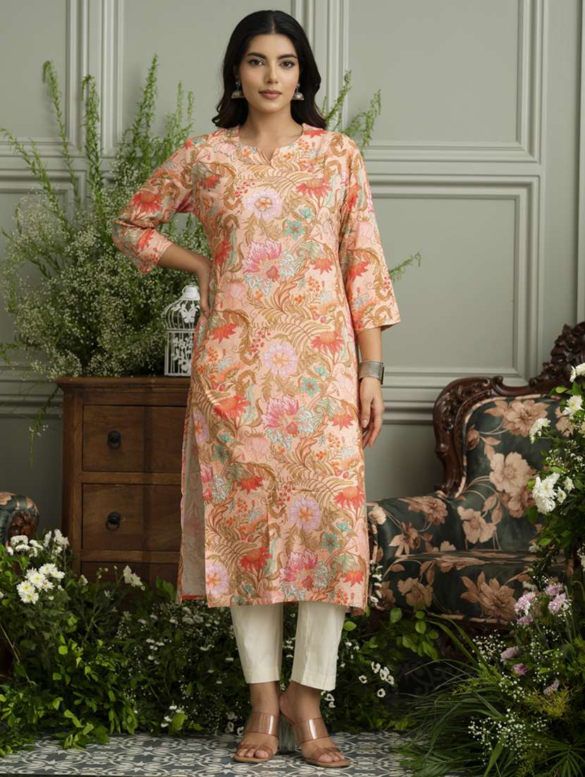 women floral three quarter sleeve straight kurta - 22141610 -  Zoom Image - 0