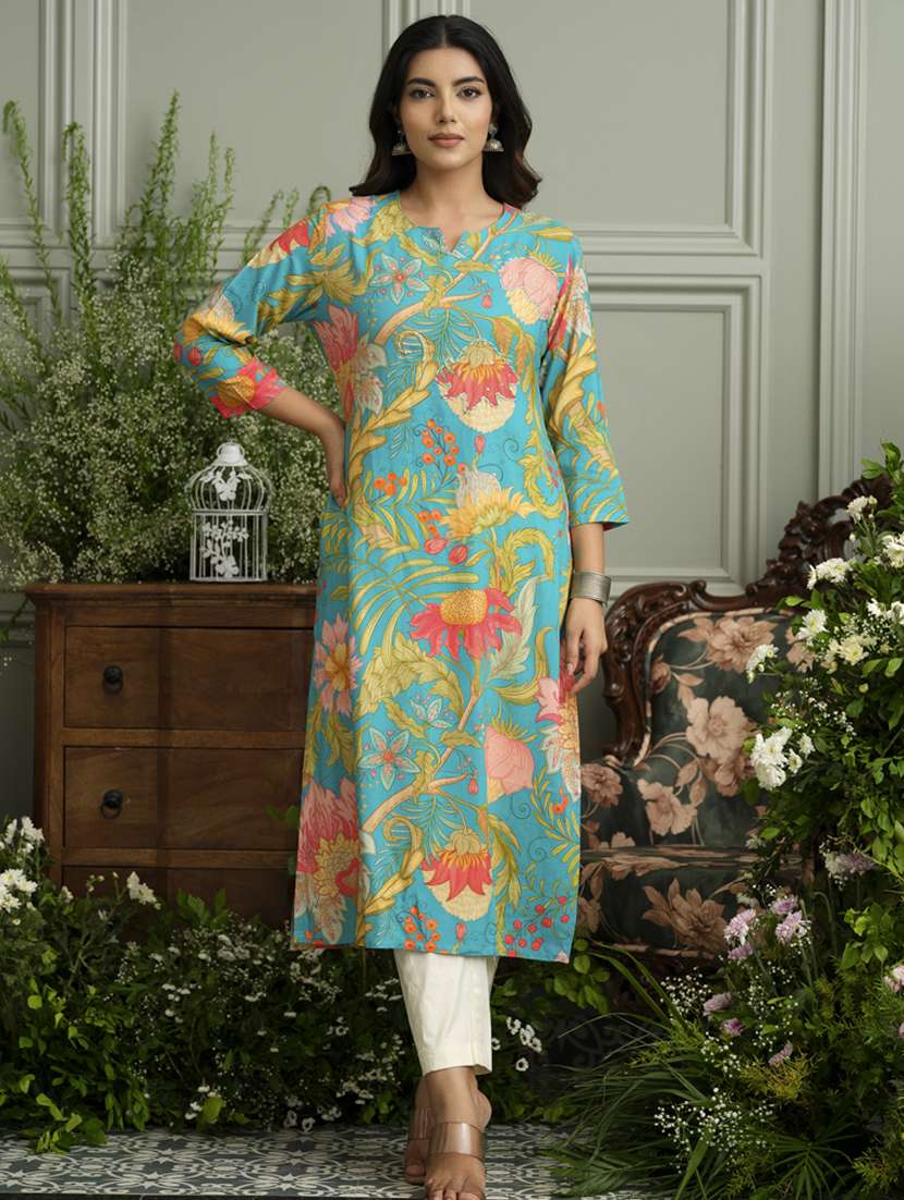 women floral three quarter sleeve straight kurta - 22141611 -  Zoom Image - 0