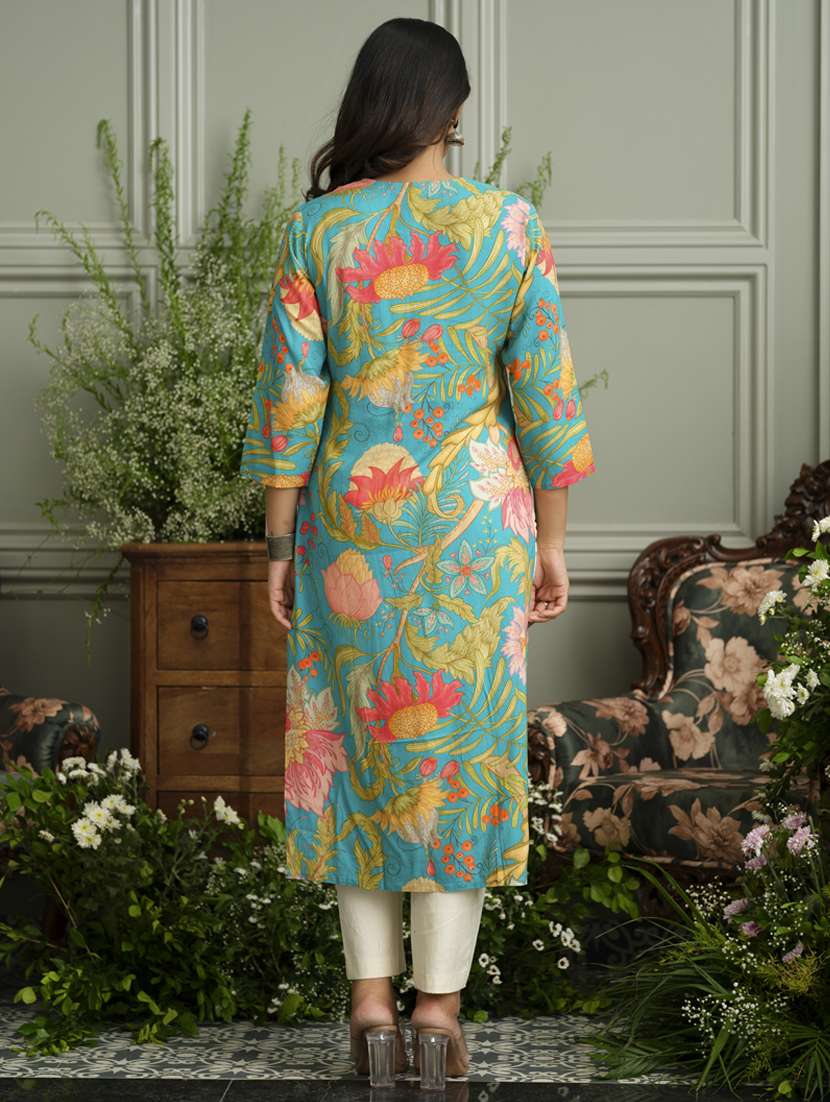 women floral three quarter sleeve straight kurta - 22141611 - Standard Image - 3