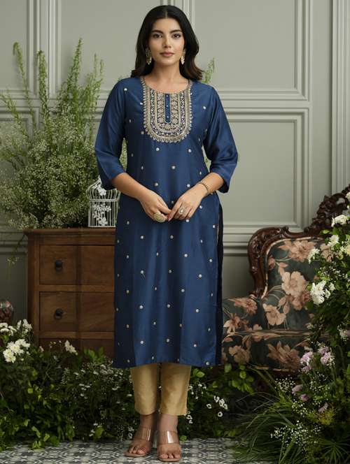 women solid with work three quarter sleeve straight kurta - 22141612 -  Standard Image - 0