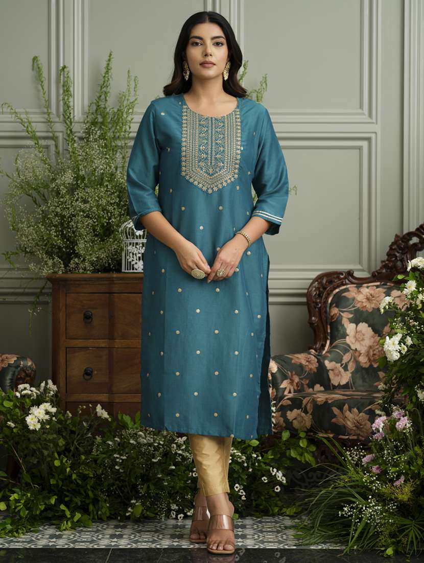 women solid with work three quarter sleeve straight kurta