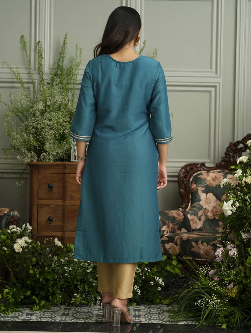 women solid with work three quarter sleeve straight kurta - 22141614 - Standard Image - 3