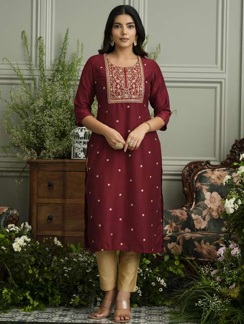 women solid with work three quarter sleeve straight kurta - 22141615 -  Standard Image - 0