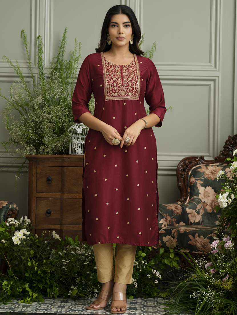 women solid with work three quarter sleeve straight kurta
