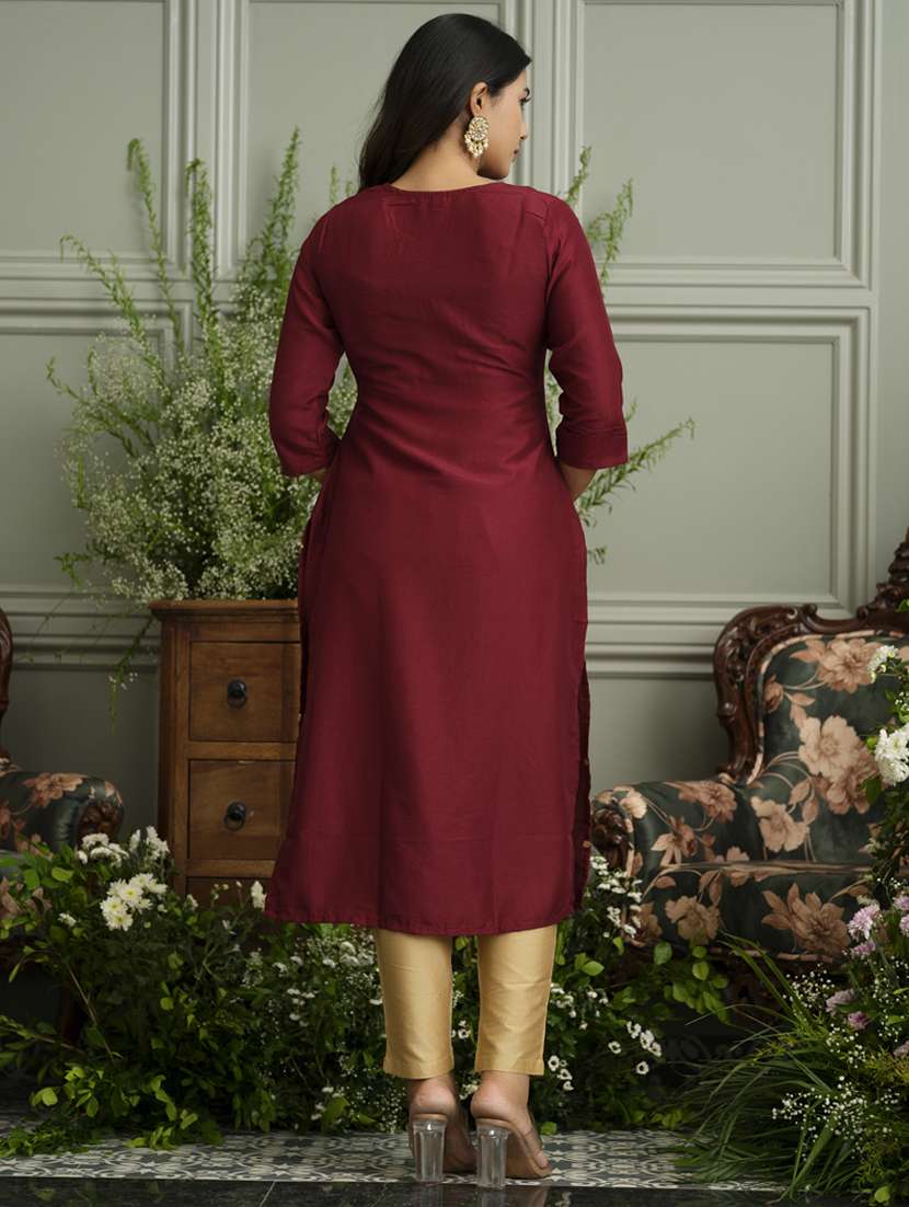 women solid with work three quarter sleeve straight kurta - 22141615 -  Standard Image - 3