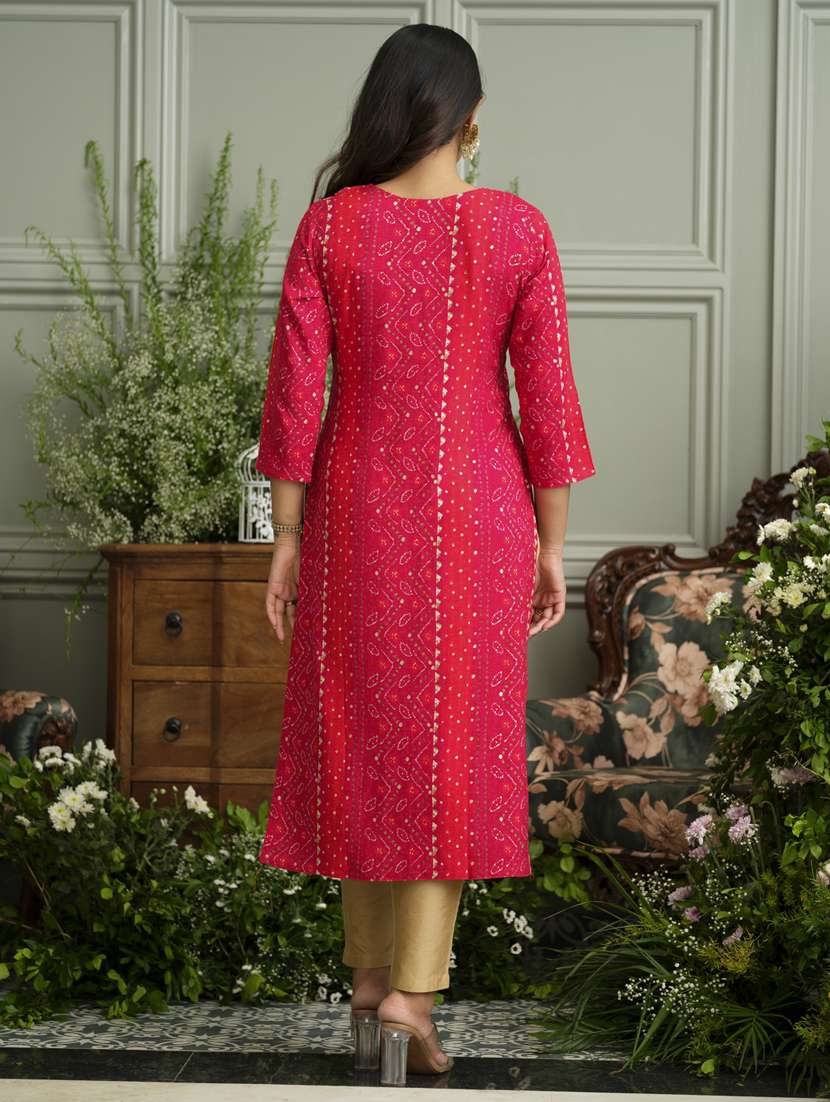 women bandhani three quarter sleeve straight kurta - 22141617 - Standard Image - 3