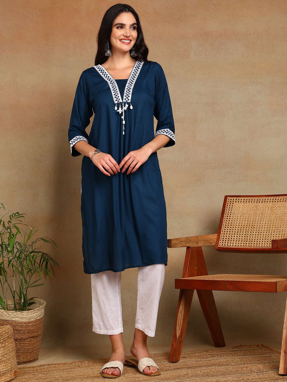 women solid with work three quarter sleeve a-line kurta - 22141622 - Zoom Image - 0
