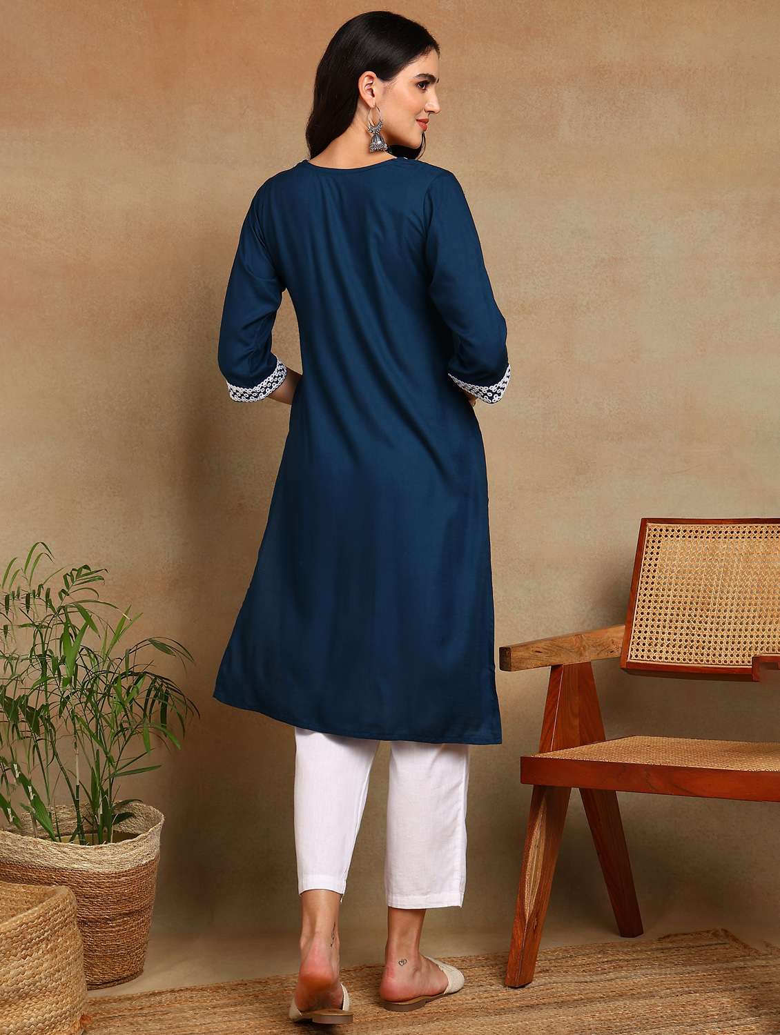 women solid with work three quarter sleeve a-line kurta - 22141622 - Standard Image - 3