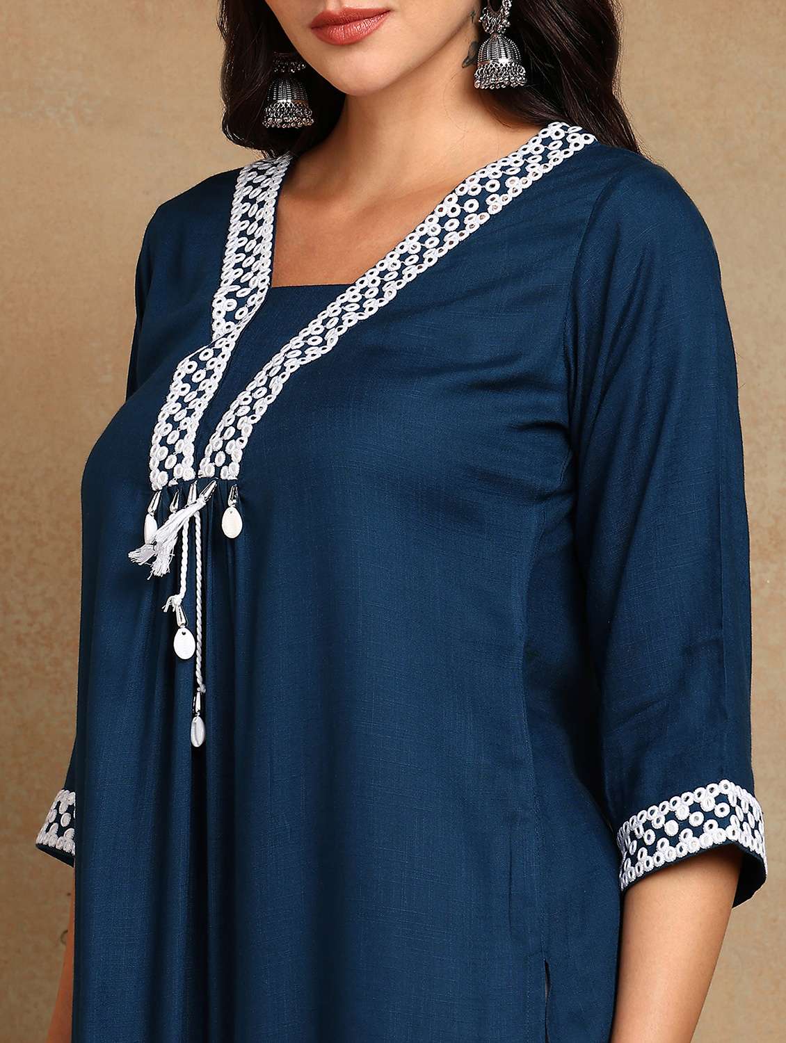 women solid with work three quarter sleeve a-line kurta - 22141622 - Standard Image - 5
