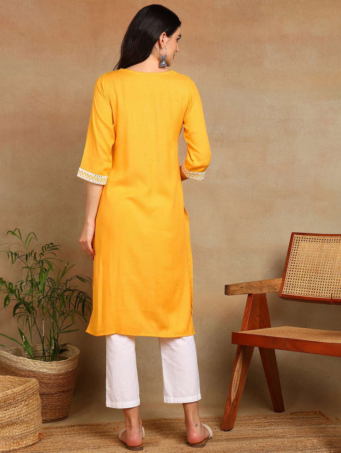 women solid with work three quarter sleeve a-line kurta - 22141623 -  Standard Image - 3