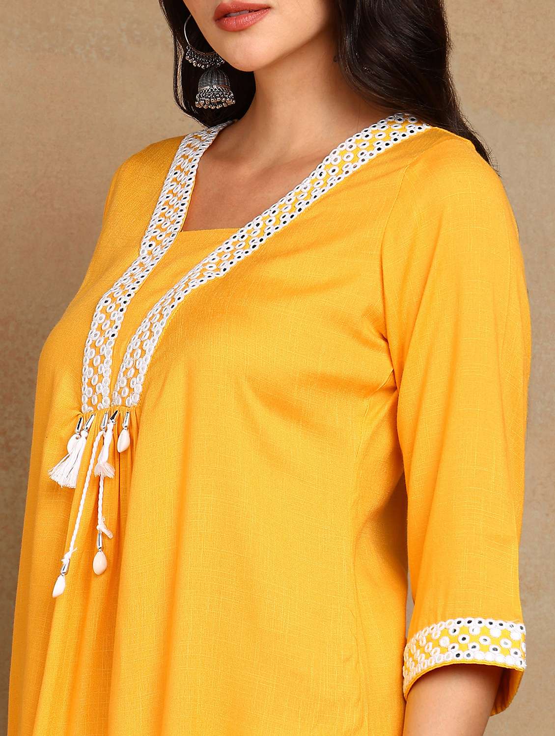 women solid with work three quarter sleeve a-line kurta - 22141623 -  Standard Image - 5