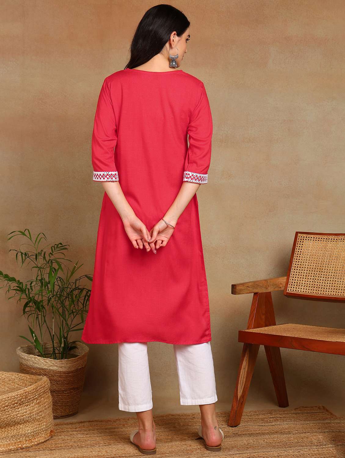women solid with work three quarter sleeve a-line kurta - 22141624 - Standard Image - 3