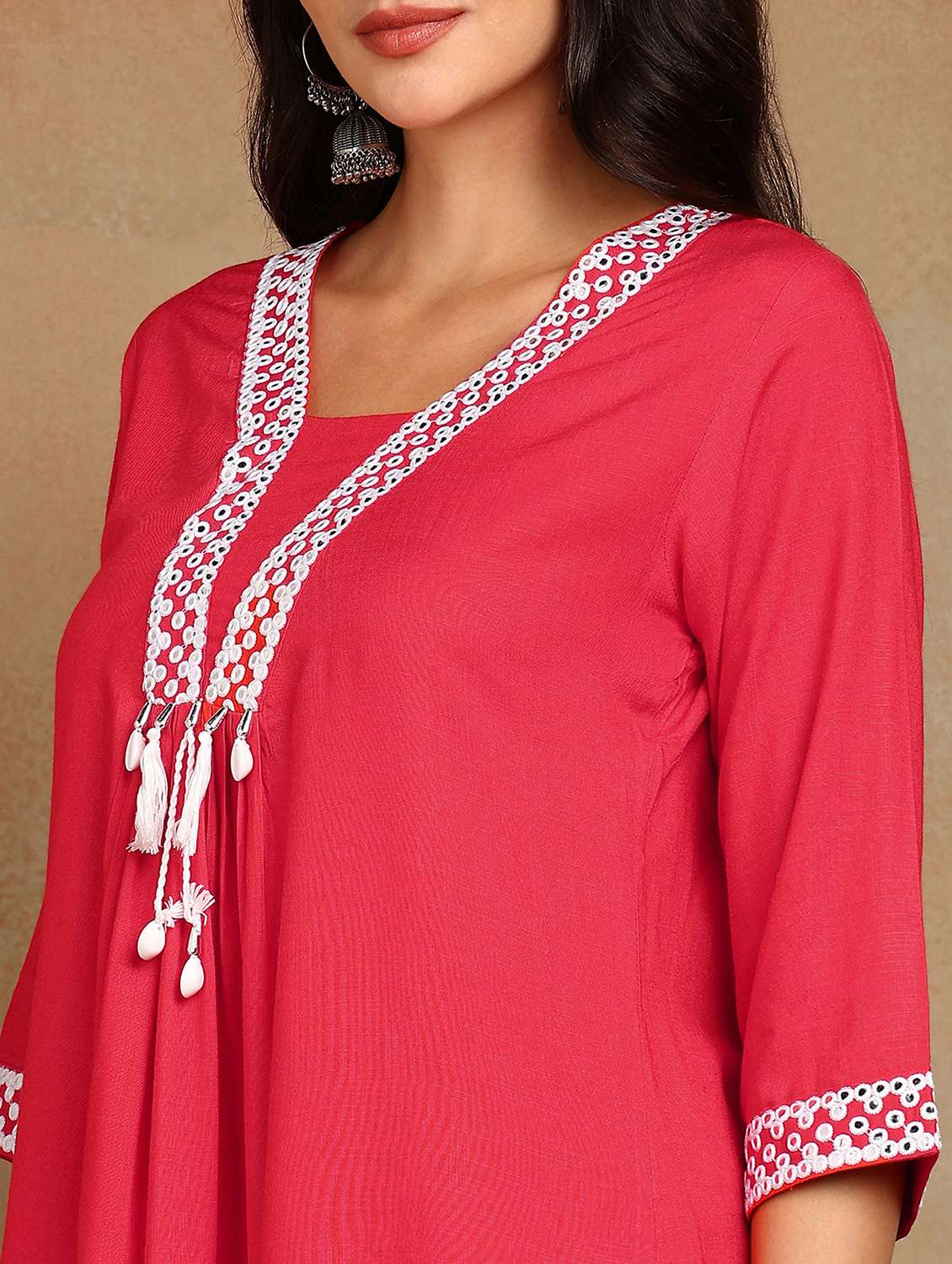 women solid with work three quarter sleeve a-line kurta - 22141624 - Standard Image - 5