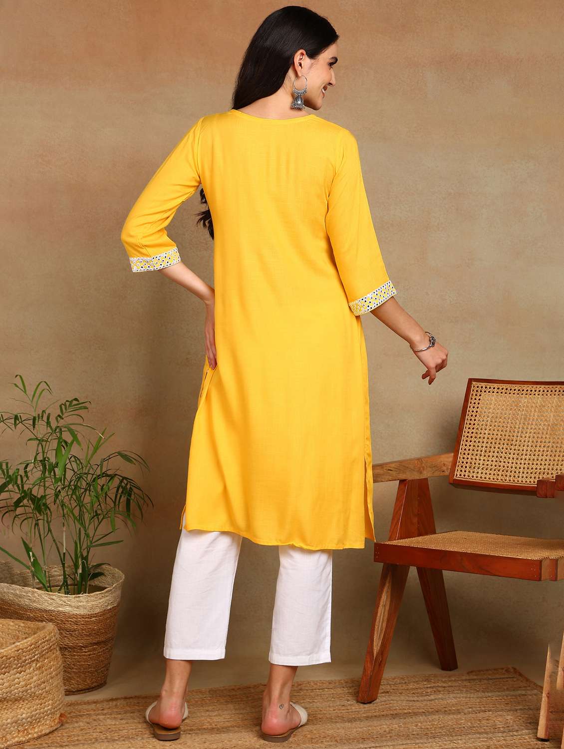 women solid with work three quarter sleeve a-line kurta - 22141625 -  Standard Image - 3