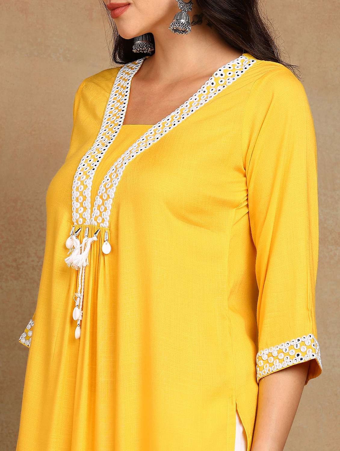 women solid with work three quarter sleeve a-line kurta - 22141625 -  Standard Image - 5