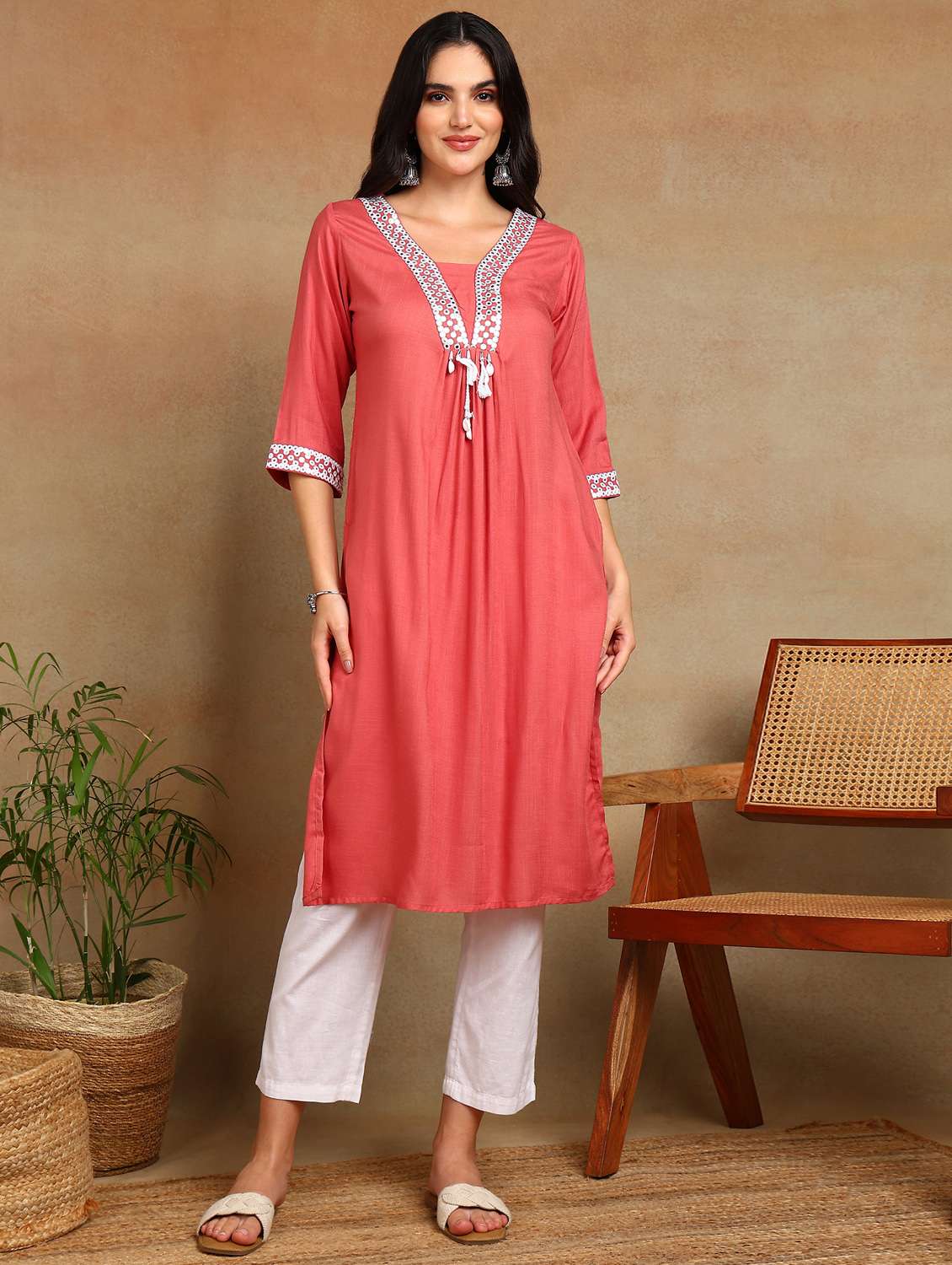 women solid with work three quarter sleeve a-line kurta - 22141627 -  Zoom Image - 0