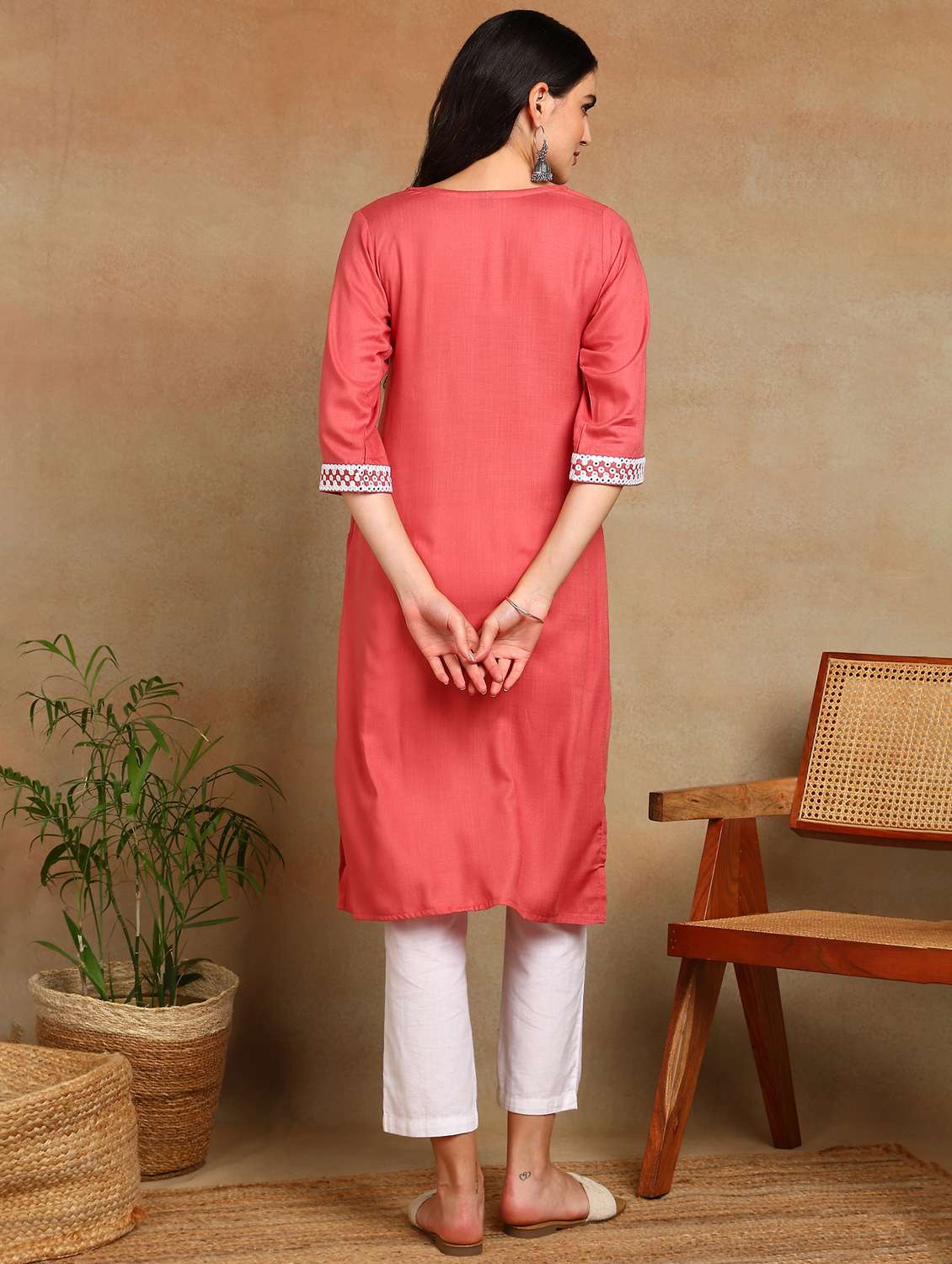 women solid with work three quarter sleeve a-line kurta - 22141627 -  Standard Image - 3