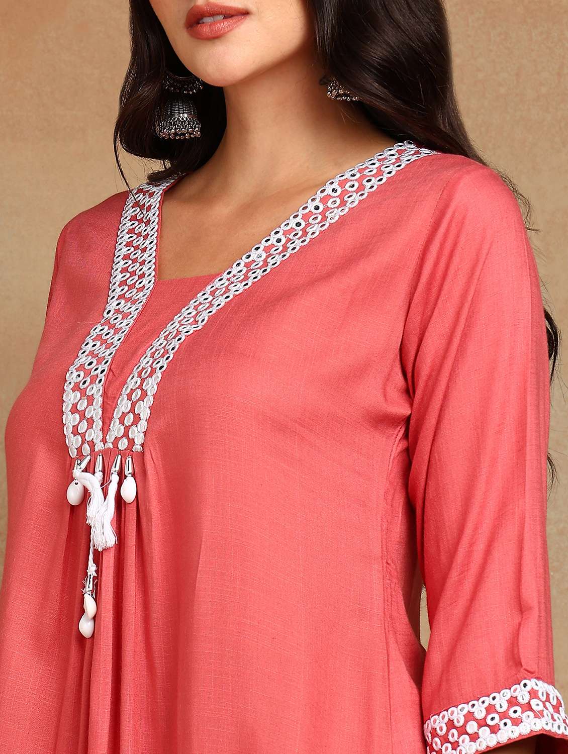 women solid with work three quarter sleeve a-line kurta - 22141627 -  Standard Image - 5