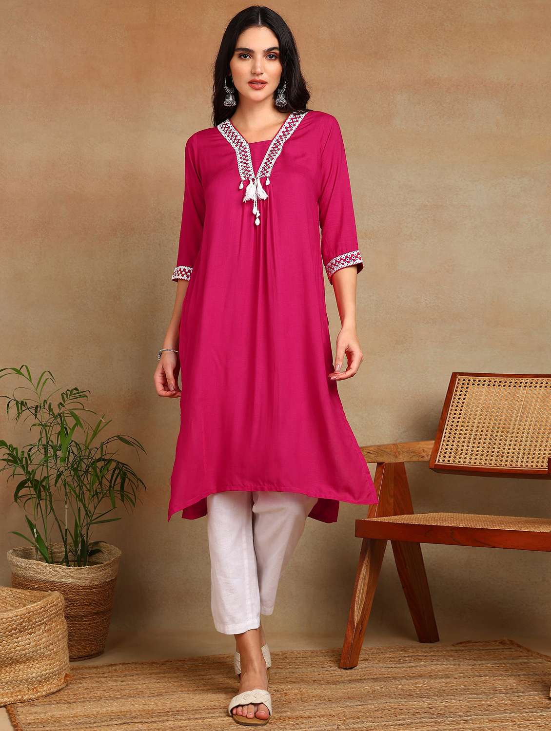 women solid with work three quarter sleeve a-line kurta